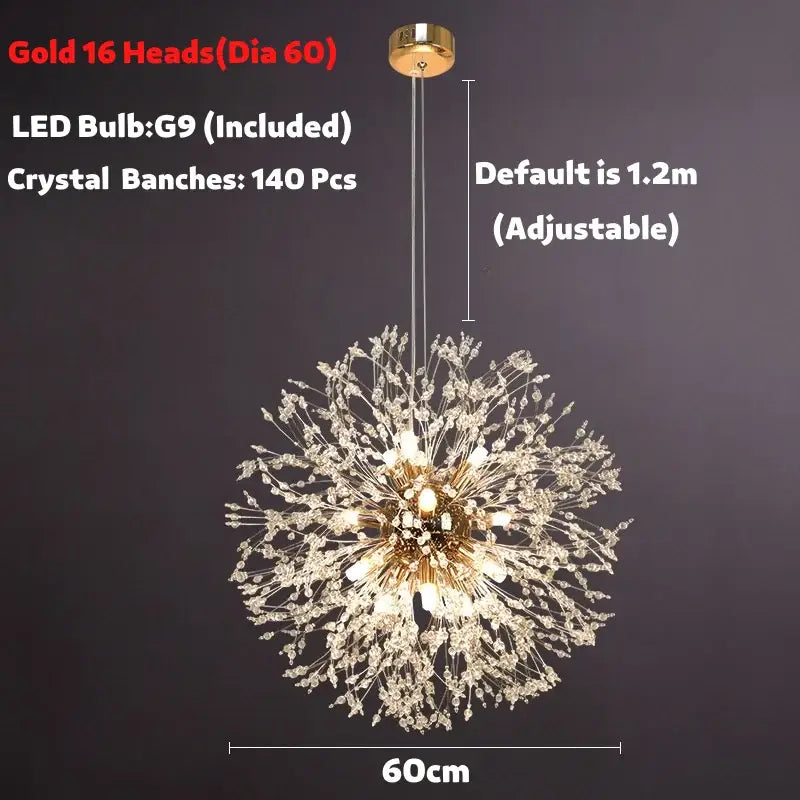 Modern golden dandelion spark led chandelier with 16 crystal heads and 140 clear branches for living room decorbites dandelion spark