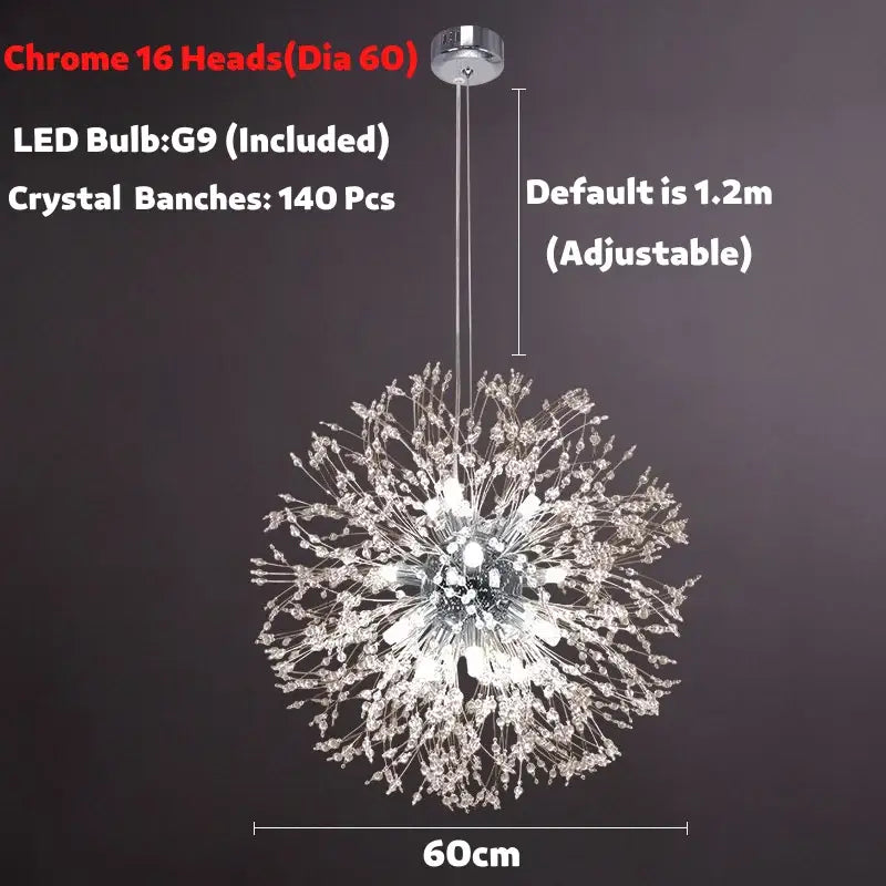 Modern golden dandelion spark led chandelier with 16 chrome crystal branches for elegant living room decorbites dandelion spark