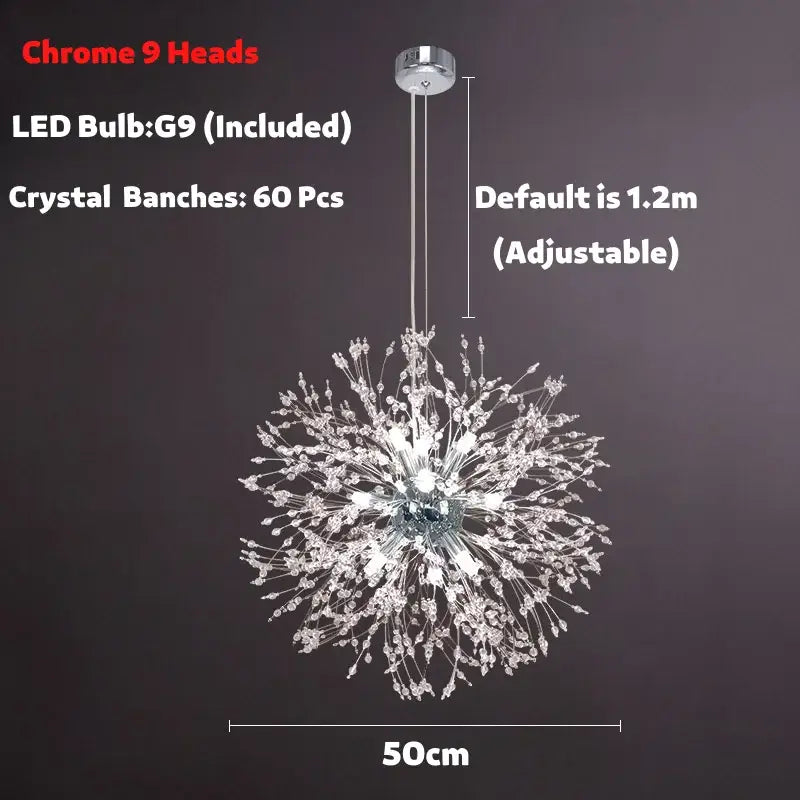 Modern golden dandelion spark led chandelier with 60 crystal branches in chrome finish for living room decorbites dandelion spark