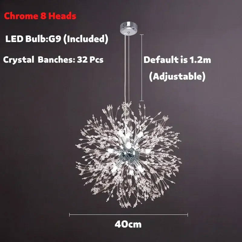 Modern golden dandelion spark led chandelier with chrome finish and 32 crystal branches for living room decorbites dandelion spark