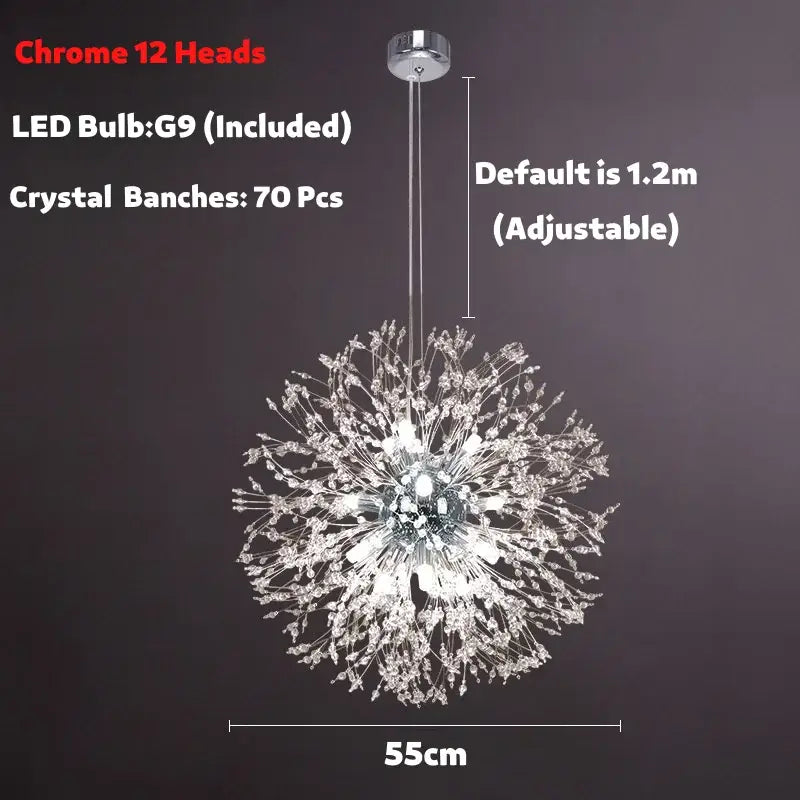 Modern golden dandelion spark led chandelier with 12 chrome heads and 70 crystal branches for decorbites dandelion spark decor