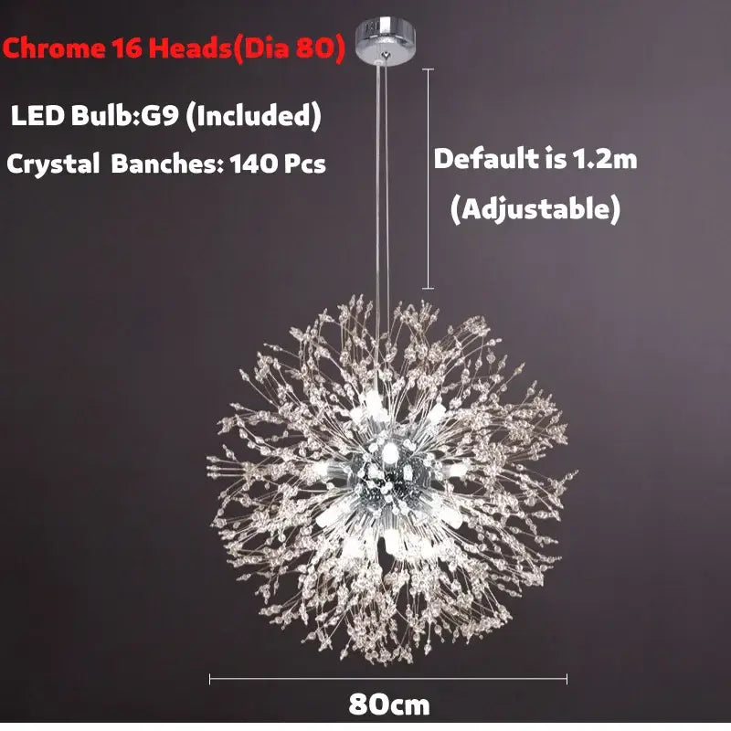Modern golden dandelion spark led chandelier with chrome finish, 16 crystal branches, adjustable chain decorbites dandelion spark