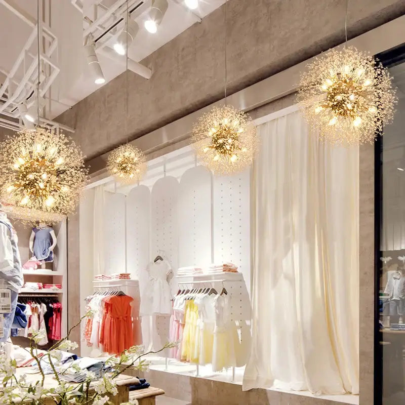 Modern golden dandelion spark led chandelier with intricate wireframe design and warm glowing lights for living room decorbites dandelion spark