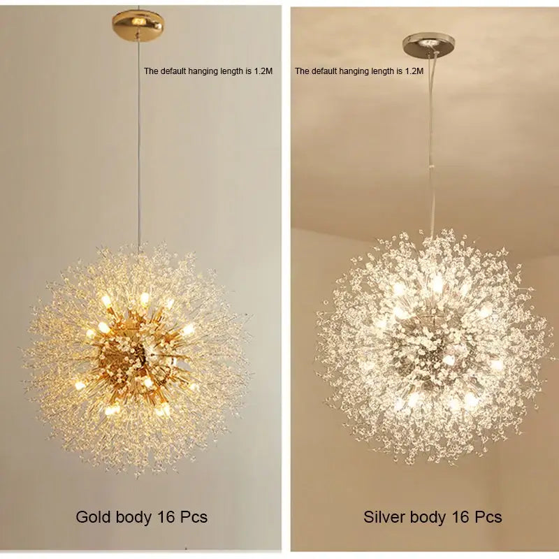 Modern golden dandelion spark led chandelier with 16 crystal-like spikes for elegant living room decorbites dandelion spark