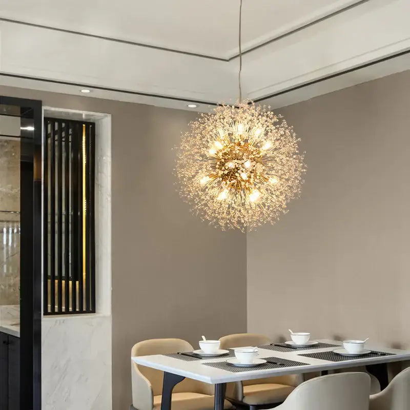 Modern golden dandelion spark led chandelier with sparkling crystal elements and warm lights for living room decorbites dandelion spark
