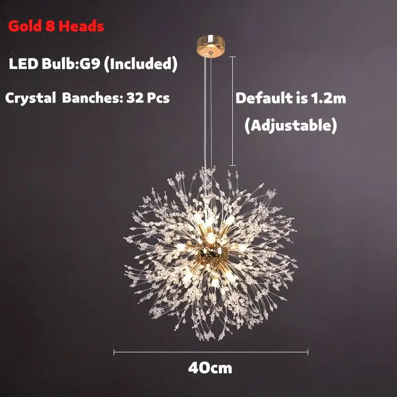 Modern golden dandelion spark led chandelier with 32 crystal branches and eight LED light heads for living room decorbites dandelion spark