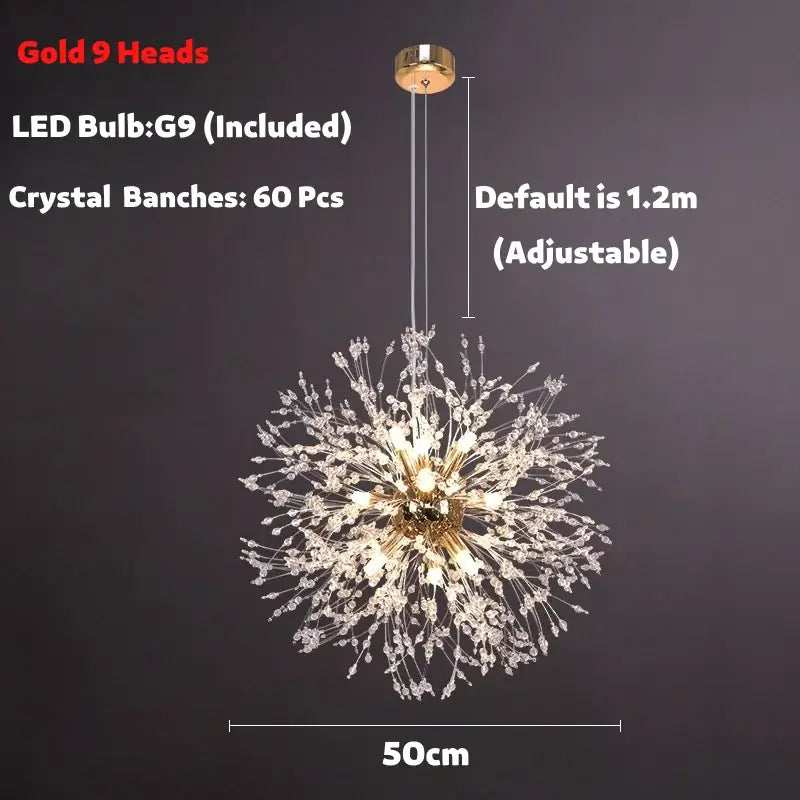 Modern golden dandelion spark led chandelier with 9 led bulbs and 60 clear crystal branches for living room decorbites dandelion spark