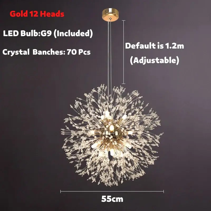 Modern golden dandelion spark led chandelier with 12 led bulbs and 70 crystal branches for elegant living room decorbites dandelion spark