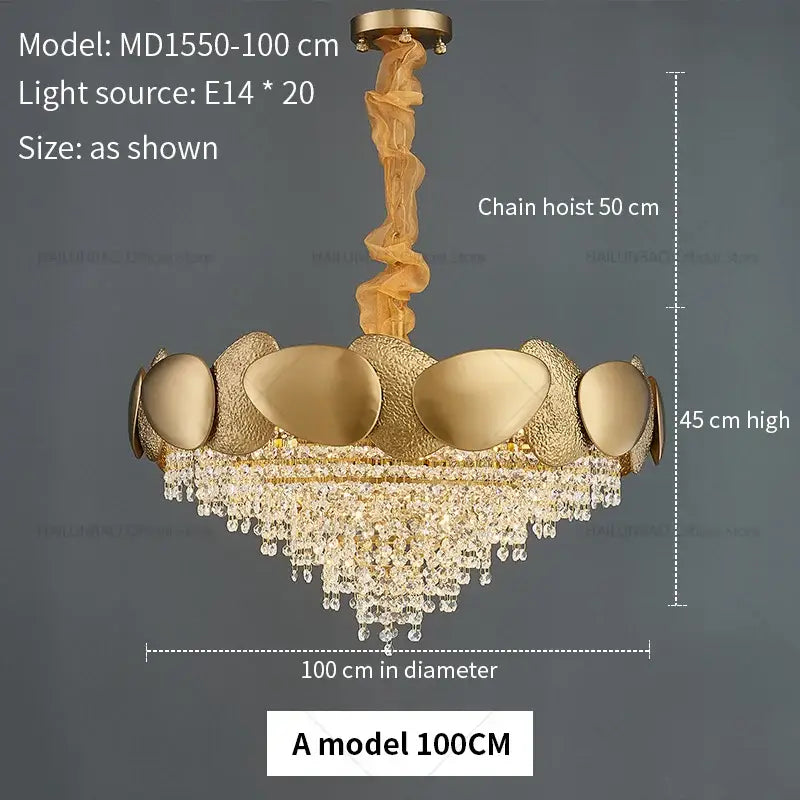 Modern golden decorbites crystal chandelier with textured oval metallic plates and cascading crystal droplets for living room