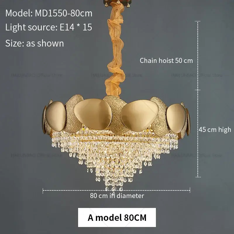 Modern golden decorbites crystal chandelier featuring textured oval metallic plates and cascading crystal droplets for living room