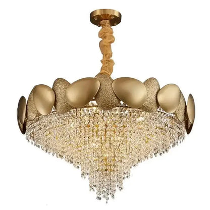 Modern golden decorbites crystal chandelier with textured sculptural frame and cascading crystal droplets for living room