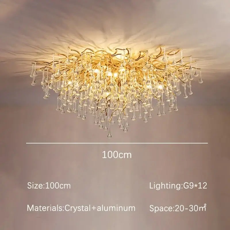 Modern golden decorbites crystal dendritic chandelier with branch-style design and dangling crystal droplets for dining room light
