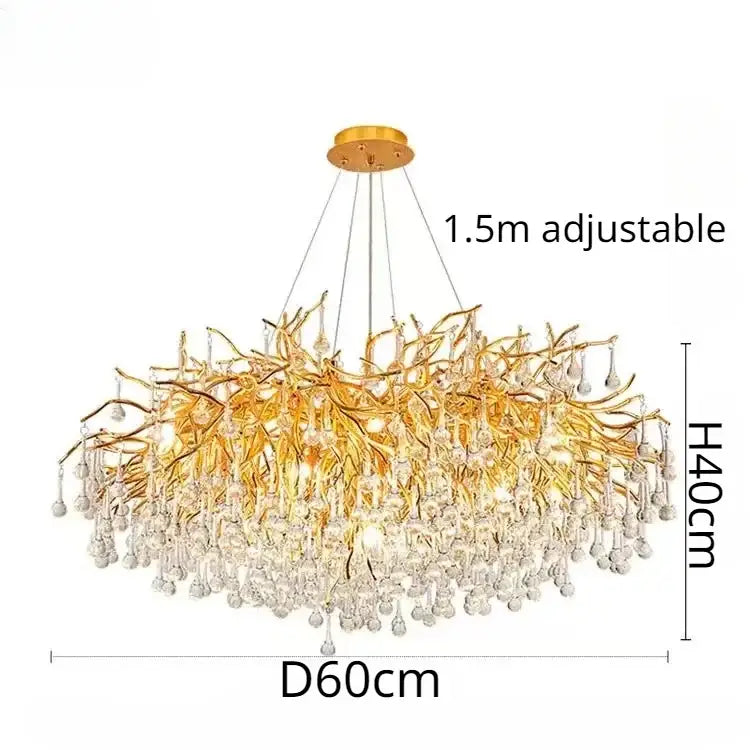 Modern golden decorbites crystal dendritic chandelier with intricate branch-like arms and cascading clear crystal droplets