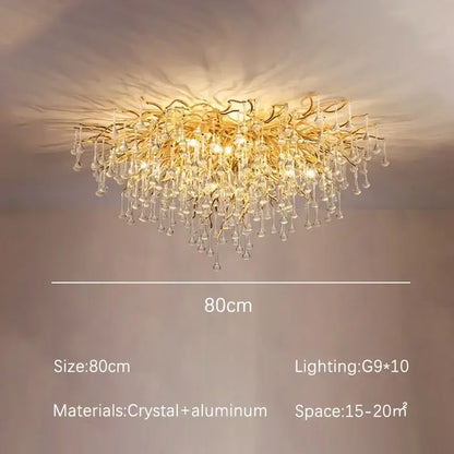 Modern golden decorbites crystal dendritic chandelier with gold-toned aluminum arms and teardrop crystals for dining room light