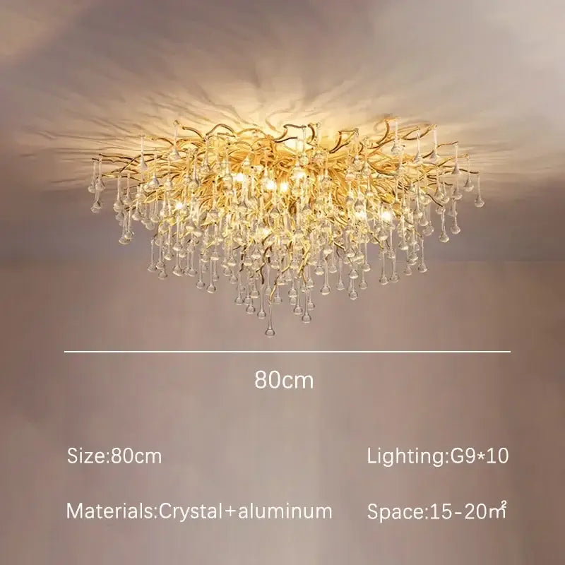 Modern golden decorbites crystal dendritic chandelier with gold-toned aluminum arms and teardrop crystals for dining room light