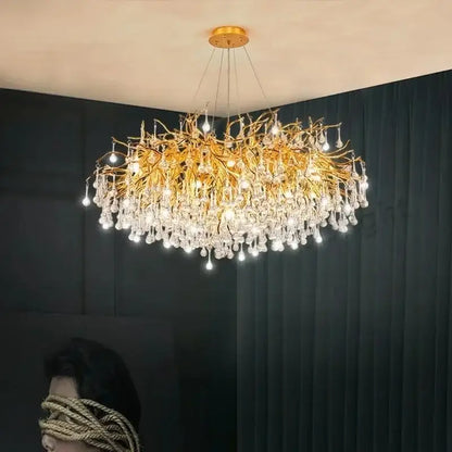 Modern golden decorbites crystal dendritic chandelier with cascading clear crystal droplets for dining room lighting
