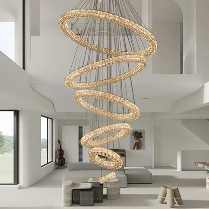 Modern golden decorbites crystal ring chandelier with multiple interlocking crystal-encrusted rings for living room lighting