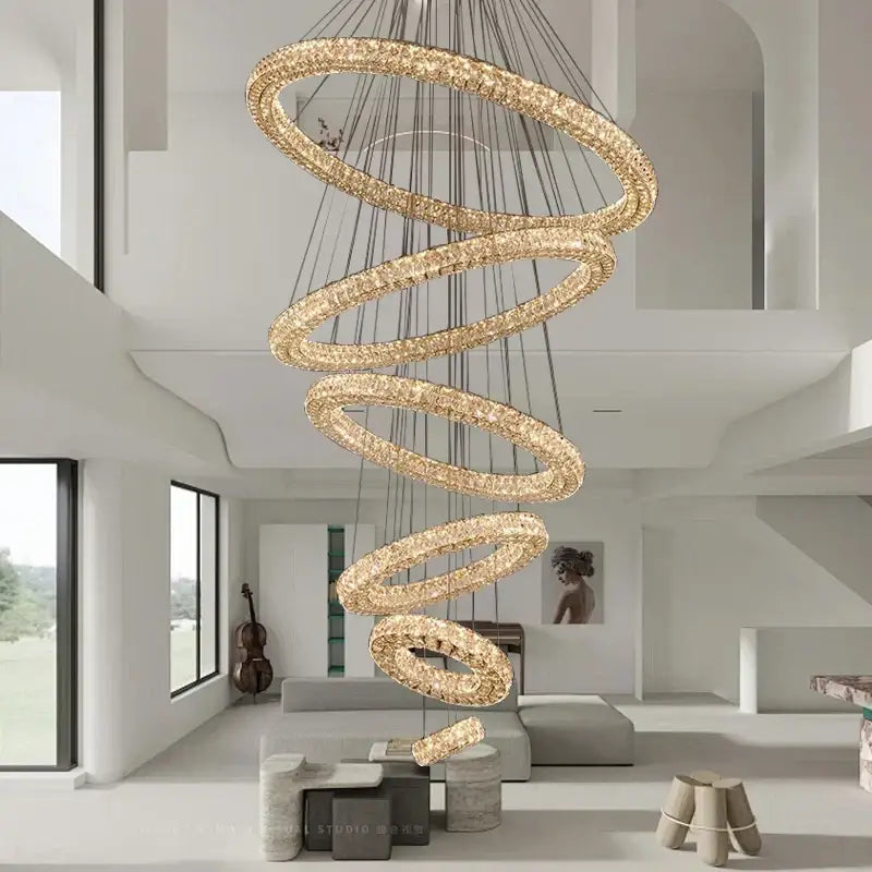 Modern golden decorbites crystal ring chandelier with multiple interlocking crystal-encrusted rings for living room lighting