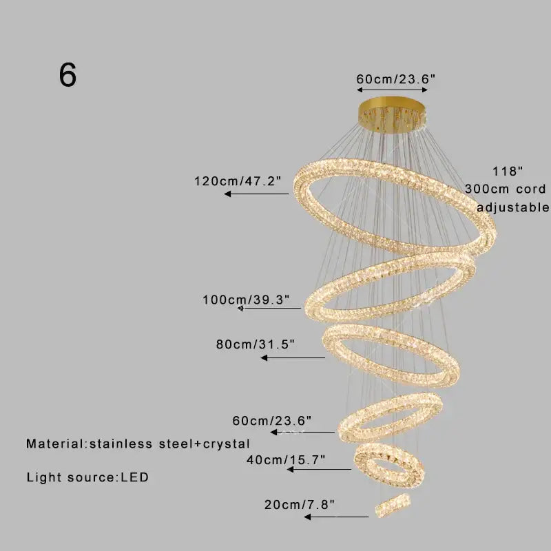 Modern golden decorbites crystal ring chandelier with gold-toned spiral rings and stainless steel mount for living room lighting