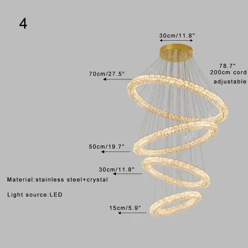 Modern golden decorbites crystal ring chandelier with glowing crystal rings suspended by stainless steel cords for living room use