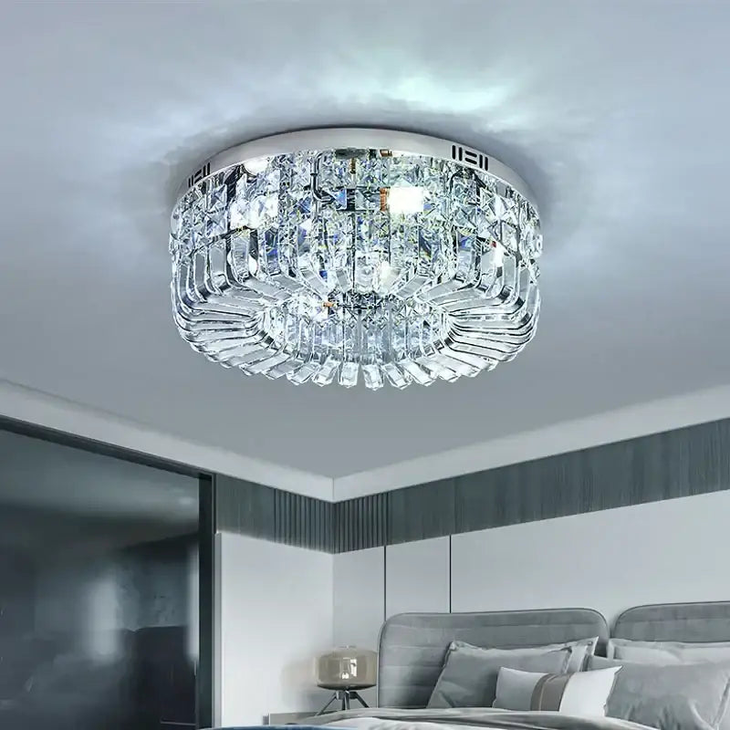 Modern golden decorbites crystal ring led ceiling lamp with sleek chrome frame and cascading faceted glass prisms