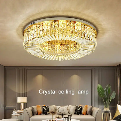 Gold-toned decorbites crystal ring led ceiling lamp with clear and amber crystals in a modern multi-tiered design