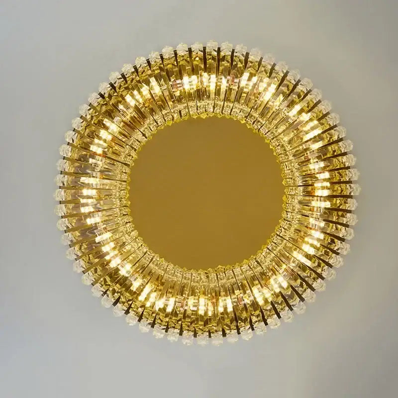 Modern golden decorbites crystal ring led ceiling lamp featuring a circular mirror framed by golden crystal prisms