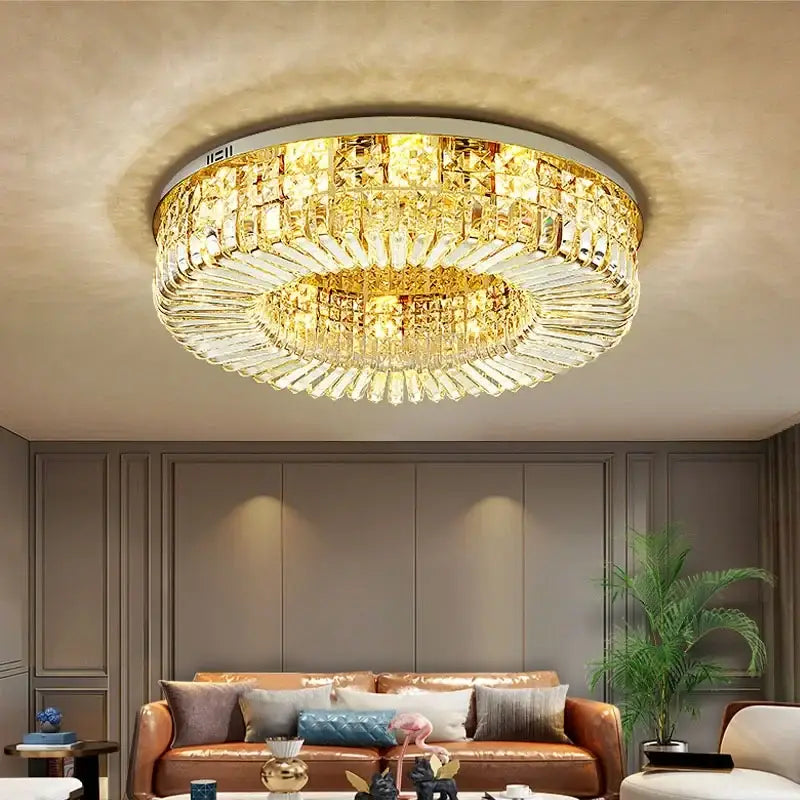 Modern golden decorbites crystal ring led ceiling lamp with circular design and layered faceted glass elements