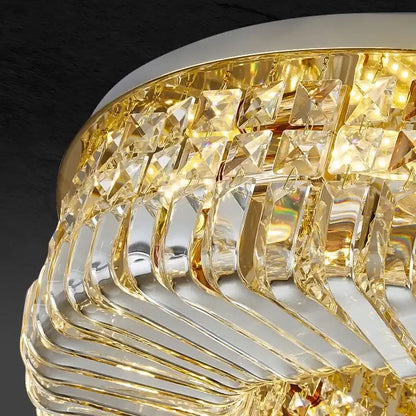 Modern golden decorbites crystal ring led ceiling lamp with gold-toned faceted glass tiers and polished metal accents