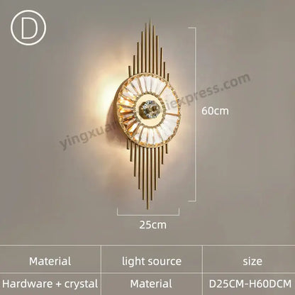 Modern golden decorbites crystal wall light with central crystal and clear faceted crystals in sunburst pattern for bedroom