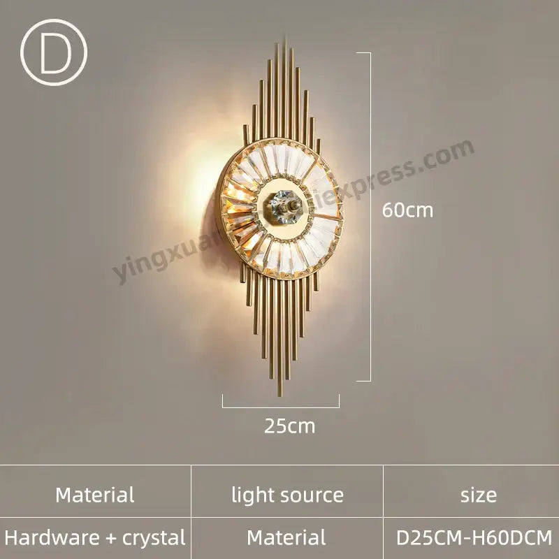 Modern golden decorbites crystal wall light with central crystal and clear faceted crystals in sunburst pattern for bedroom
