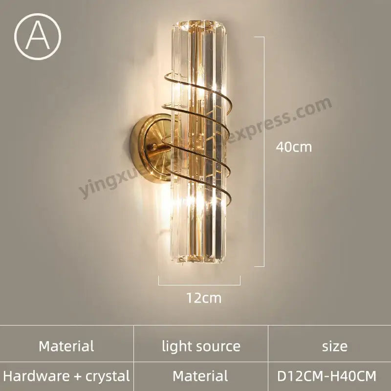 Modern golden decorbites crystal wall light features a gold-toned sconce with vertical crystal rods and twisted metal bands