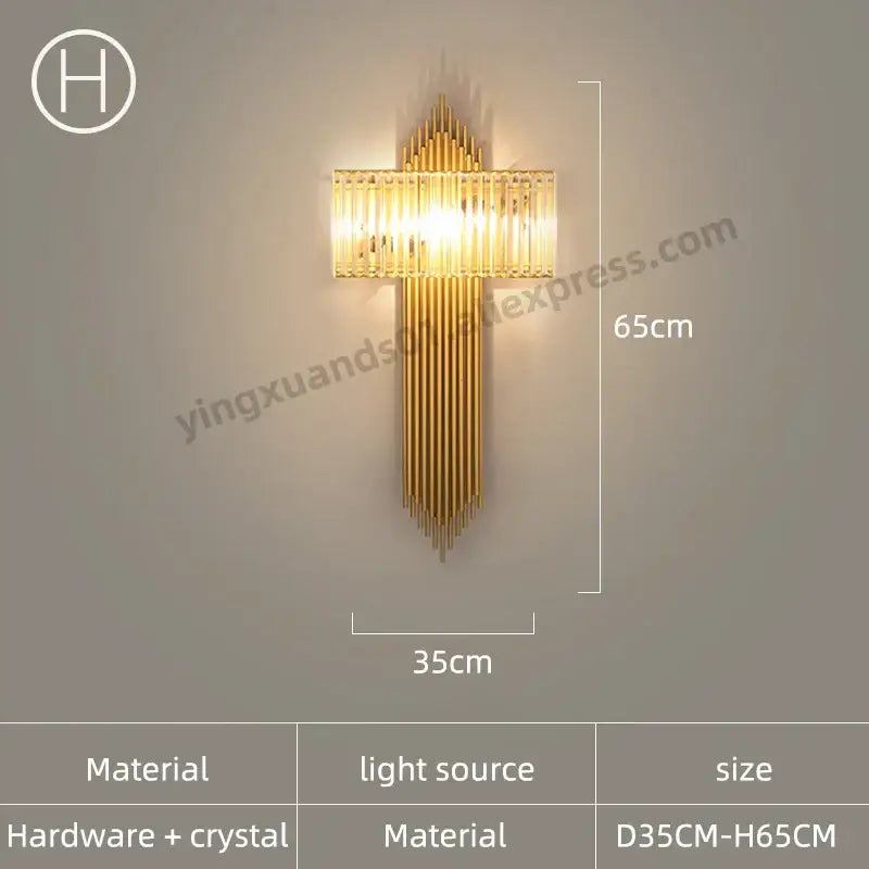 Modern golden decorbites crystal wall light with vertical crystal rods and metallic hardware for bedroom use