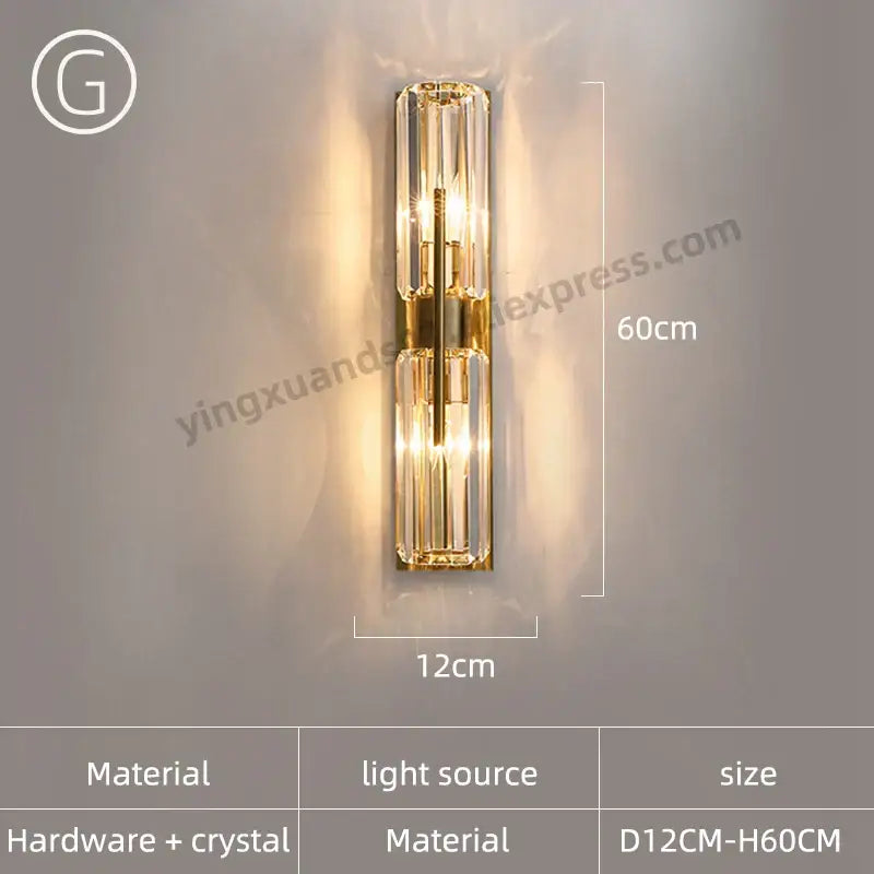 Modern golden decorbites crystal wall sconce with vertical crystal panels and sleek design for bedroom lighting