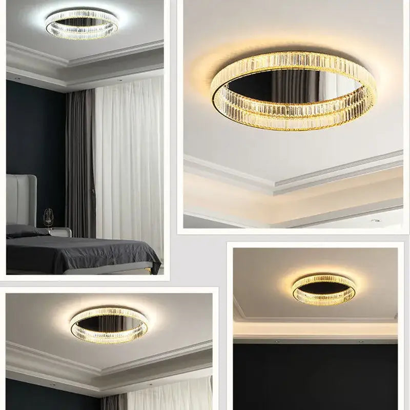 Modern golden double ring decorbites crystal led ceiling chandelier with faceted crystal accents for dining room lighting