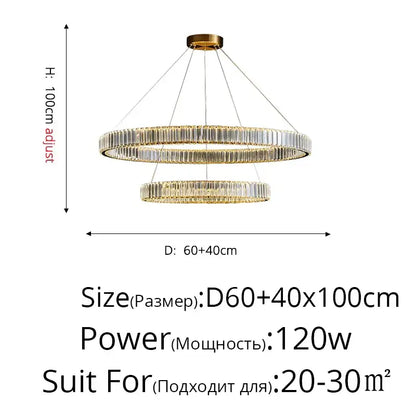 Modern golden double ring decorbites crystal led chandelier with adjustable height and crystal-encrusted rings for dining room