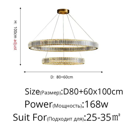 Modern golden double ring decorbites crystal led chandelier with crystal led ceiling elements and adjustable height for dining room