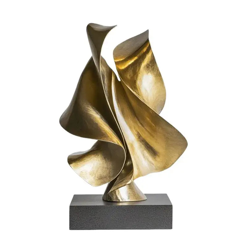 Modern golden geometric animal sculpture with flowing twisted metallic forms on dark base for living room decor