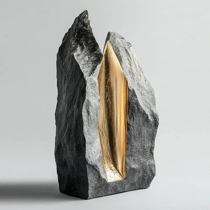 Modern golden geometric animal sculpture with jagged black stone and smooth gold panel for living room decor