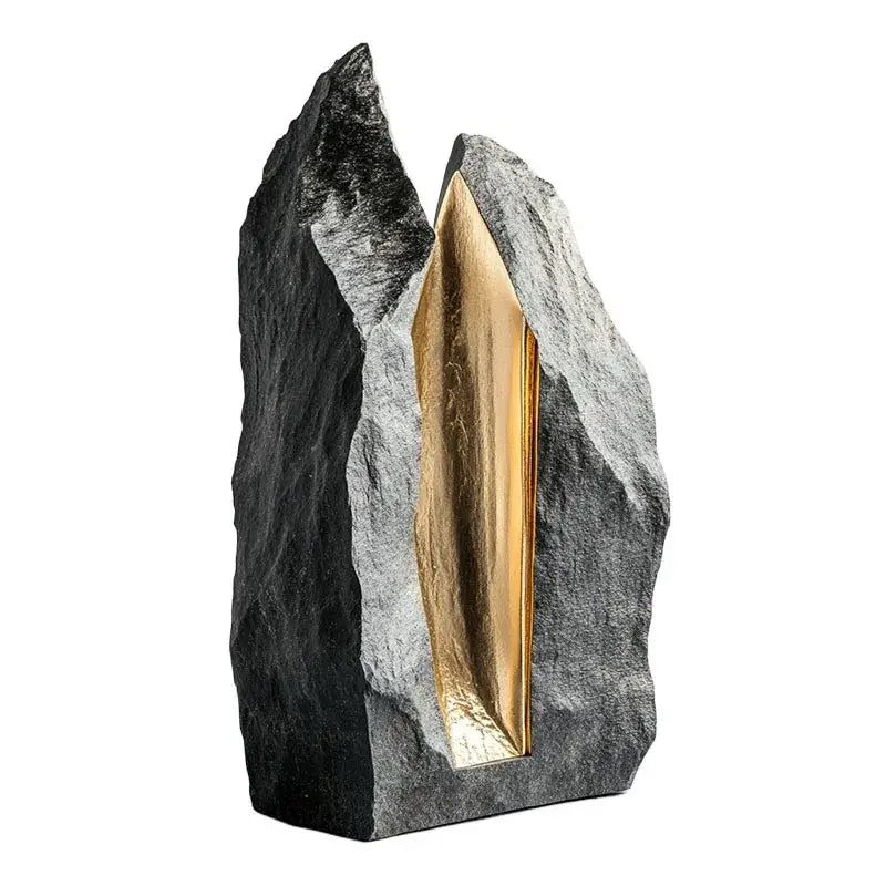A modern black and gray stone geometric animal sculpture with a central golden geometric animal panel for living room decorbites decor