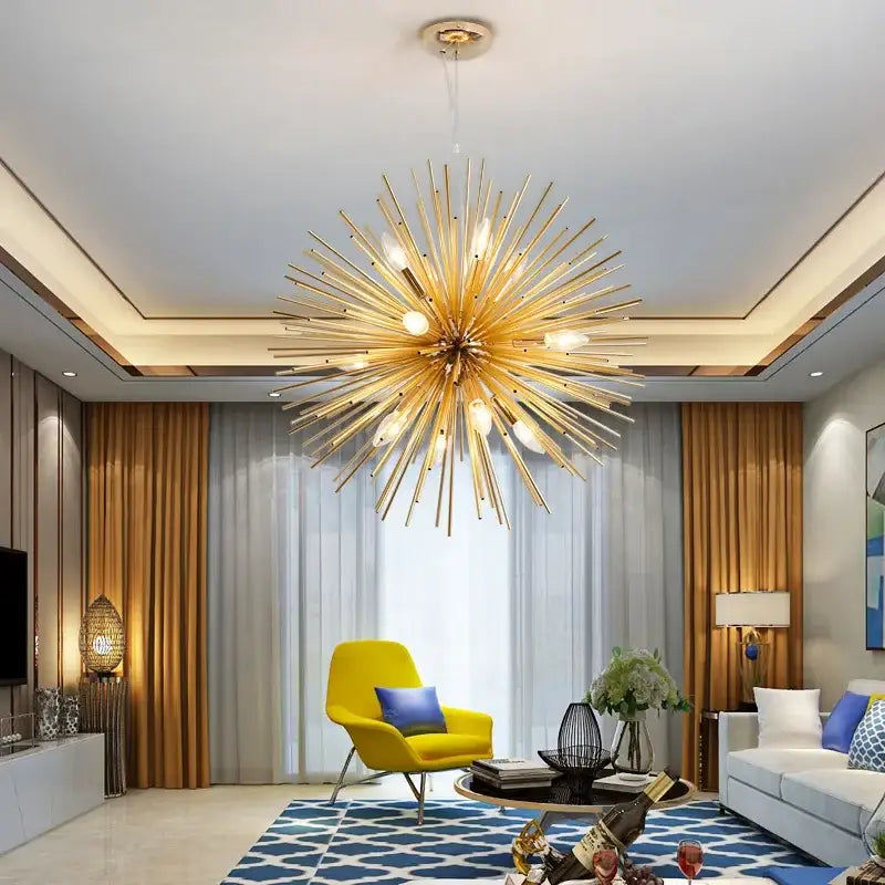 Modern golden geometric ball chandelier with slender metallic arms and exposed bulbs for dining room lighting