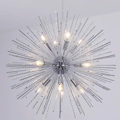 Modern golden geometric ball chandelier with silver spiky starburst design and textured glass rods for dining room lighting