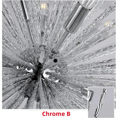 Chrome-finished modern golden geometric ball chandelier with twisted glass rods and metallic accents for dining room lighting