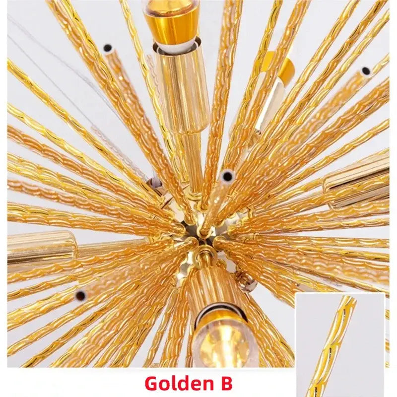 Modern golden geometric ball chandelier with twisted gold-toned glass rods for dining room lighting by decorbites