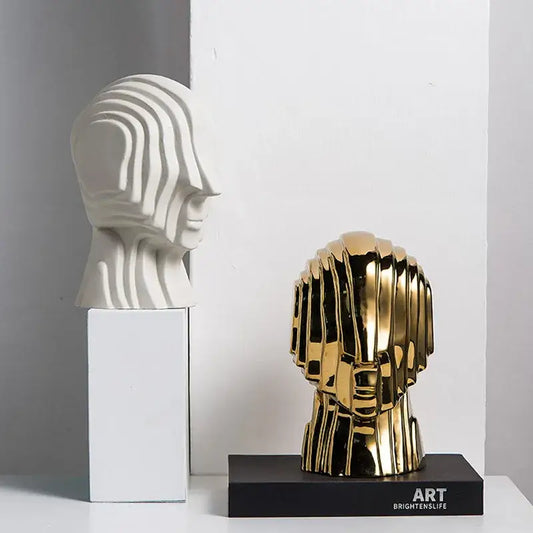 Modern golden geometric ceramic head sculpture with vertical ridges on black base for living room decorbites geometric ceramic decor