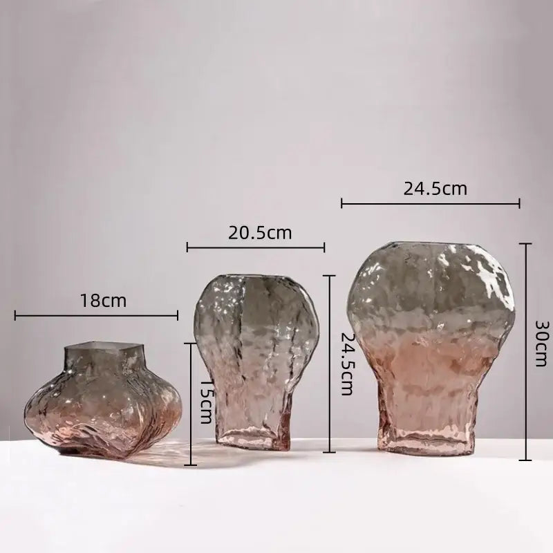 Set of three golden geometric glass vases in textured gradient hues from muted gray to soft rose for living room decorbites decor