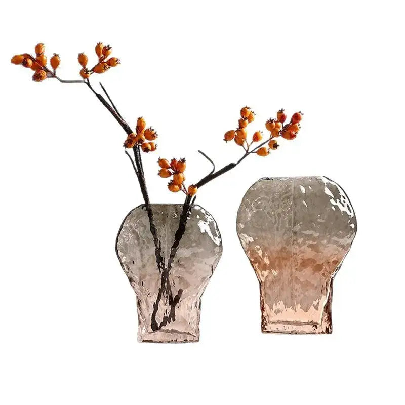 Two textured glass vases with frosted amber-to-clear finish in decorbites golden geometric glass vase set for living room decor