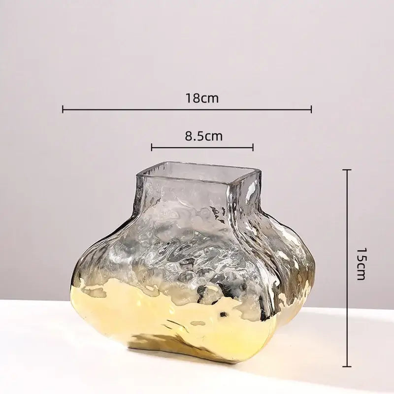 Translucent hammered glass vase with golden geometric gradient base 18cm wide by 15cm tall decorbites golden geometric glass decor