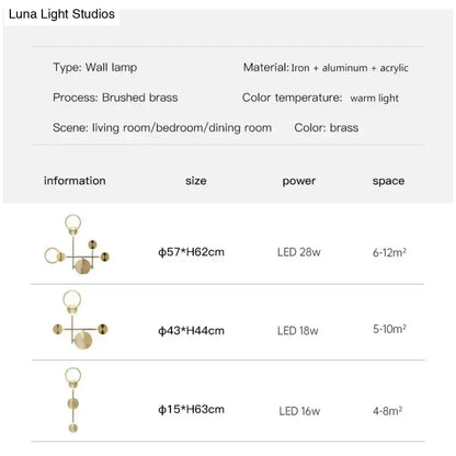 Modern golden geometric led wall lamp in brass with brushed finish and asymmetrical spherical fixtures for living room