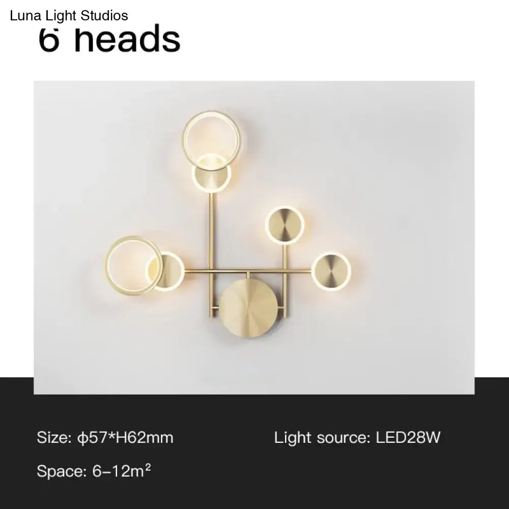 Modern golden geometric led wall lamp with six circular light heads for living room wall lamp lighting